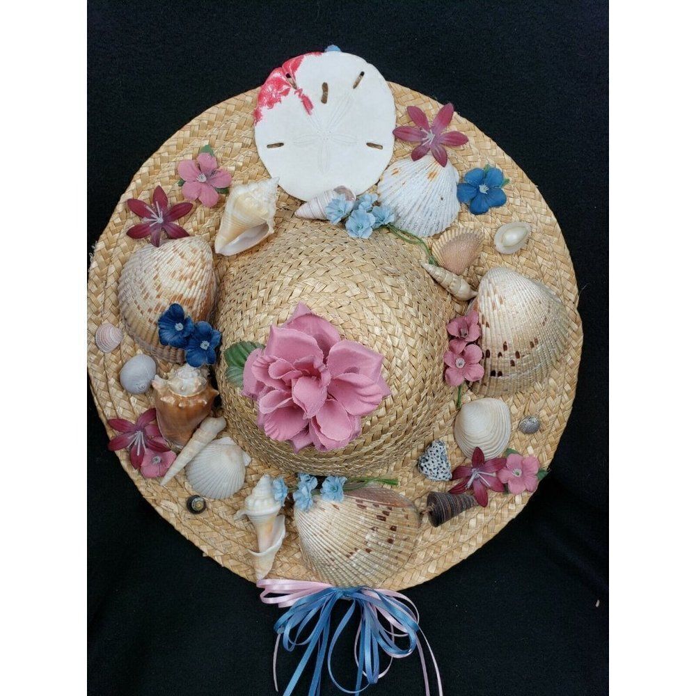 Vintage 14" Handmade Straw Hat Flowers Seashells Decor Grandma Cottagecore Beach